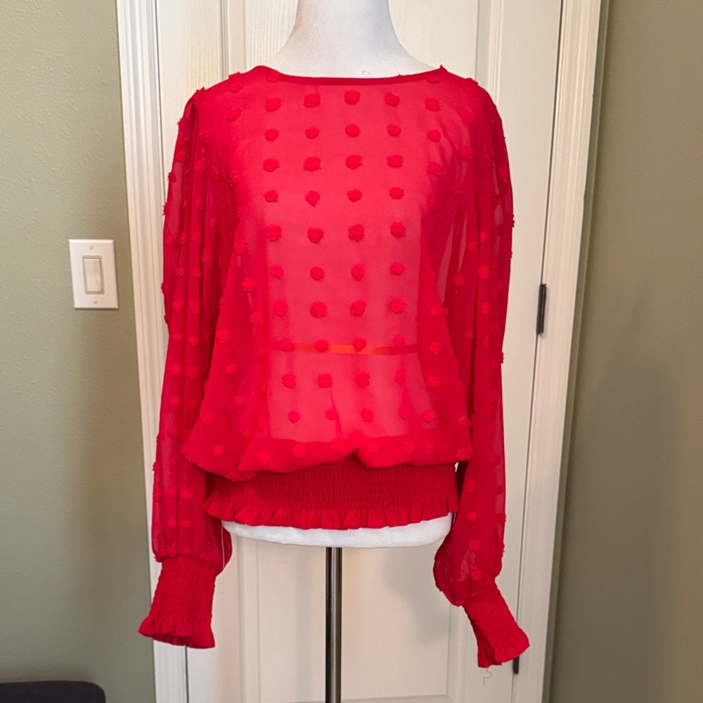 Elegant Red Sheer Polka Dot Women's Top